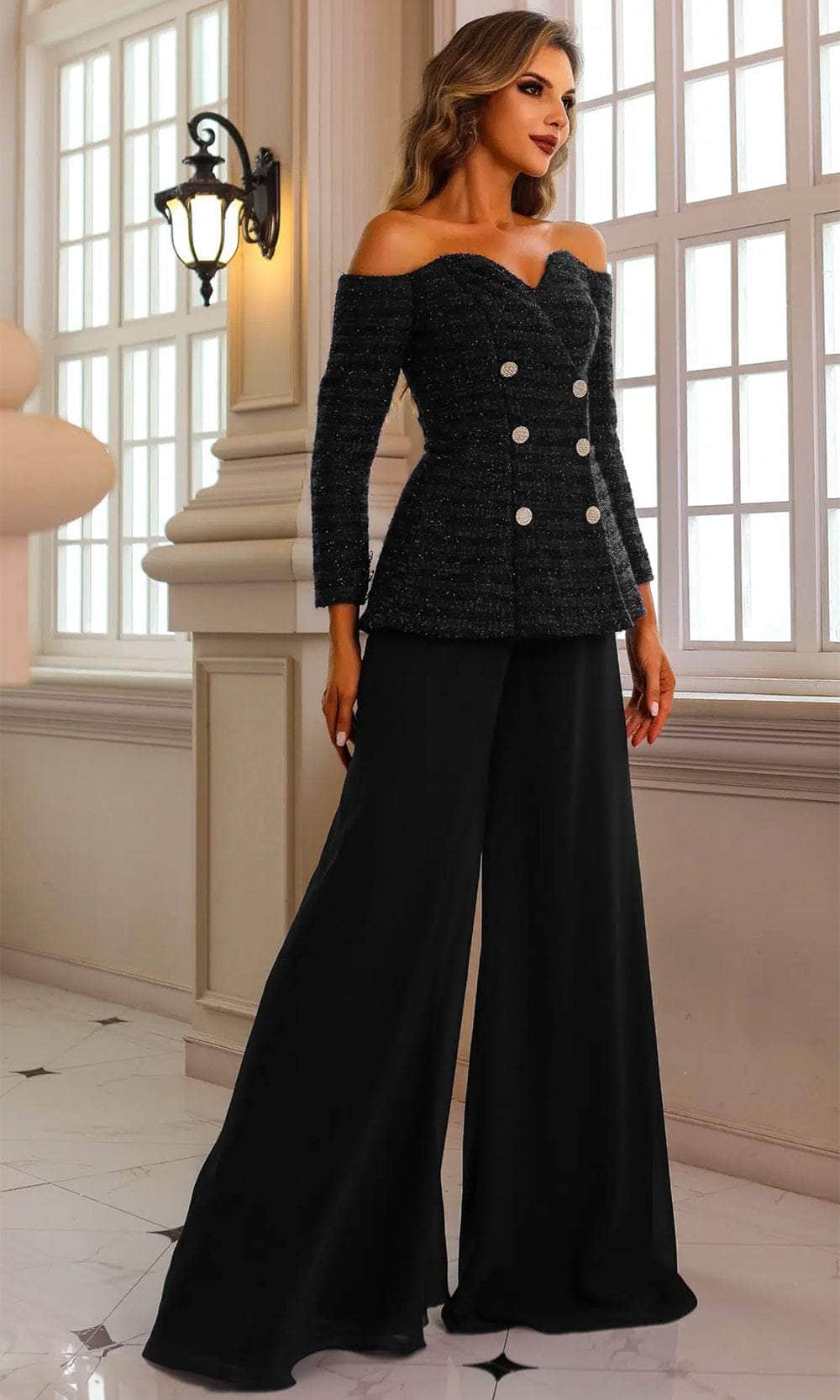 Clearance Terani Couture 242E3185 Black Size 18 Metallic Off-Shoulder Long Sleeve Formal Pantsuit