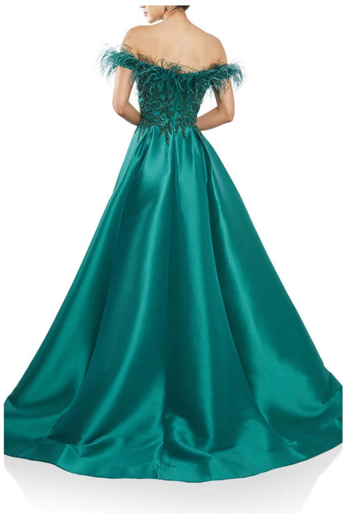 Terani Couture 242M3357 Feather-Accented Prom Gown-Bold and Dramatic