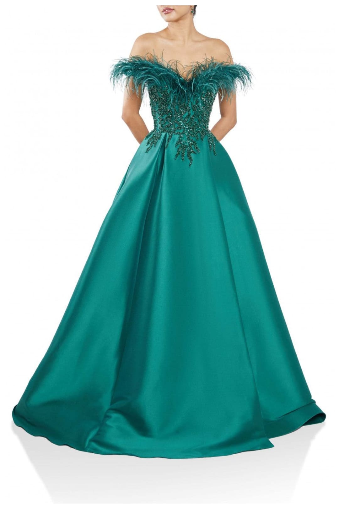Terani Couture 242M3357-Feather-adorned long prom dress.