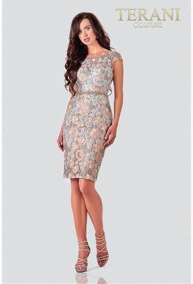 Terani Couture 2111C4559 Formal Red Carpet Bateau Cap Sleeve Short Evening Lace Dress