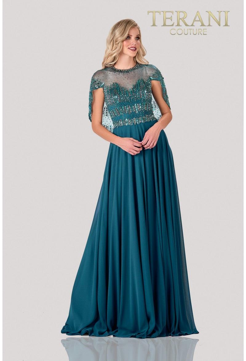 Terani Couture 2111M5295 Beaded Full Length Dress for Special Occasions - Dark Teal, Silver / 4