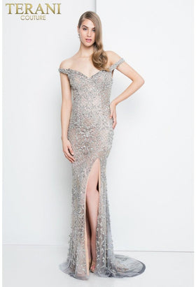 Terani Couture 1811P5261 Elegant Prom Off-Shoulder Trumpet Long Evening Glitter Dress