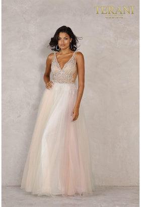 Terani Couture 2011P1012 Sophisticated Prom V-Neck Sleeveless Long Formal Tulle Dress