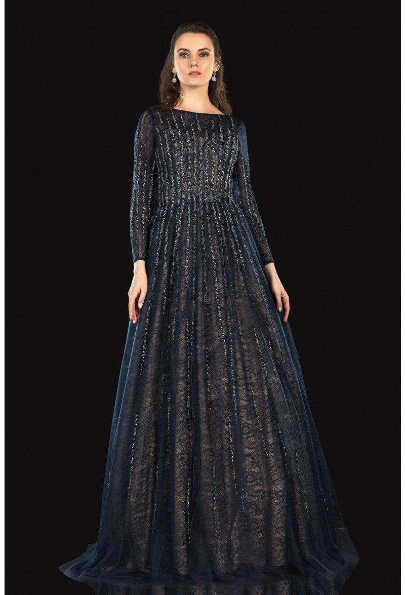 Terani Couture 2021M2973 Refined Long Sleeve Formal Gown - Navy Nude / 10