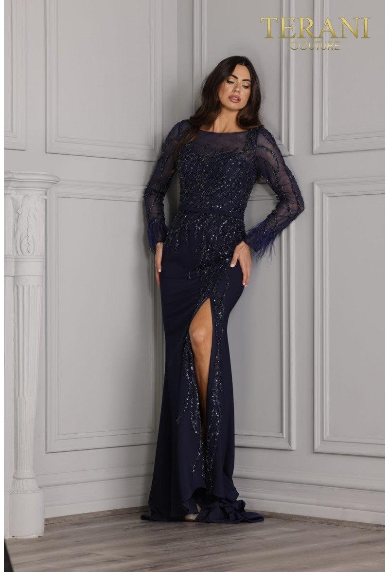 Terani Couture 2111M5277 Long Sleeve Evening Attire with Grace - Navy / 16