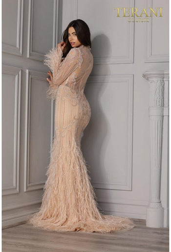 Terani High Neck Long Sleeve Dress With Feather - 2214gl0108