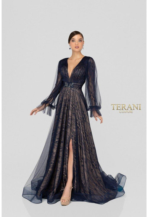Terani Couture 1913M9414 Long Formal Dress with V-Neck