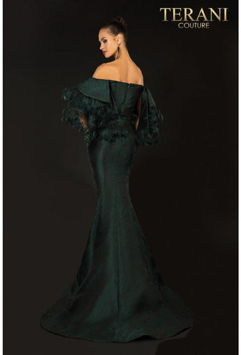 Evening Tonal Jacquard Off Shoulder Feather Trim - Terani Couture 2021e2796