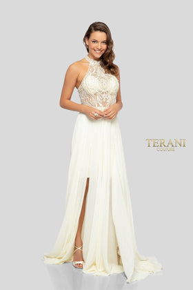 Terani Couture 1913P8298 Prom Halter Beaded Racerback Slit Ivory Formal Chiffon Dress