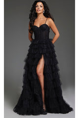 Tiered Ruffle Black Prom Ball Gown: Jovani 38278 - Black / Prom