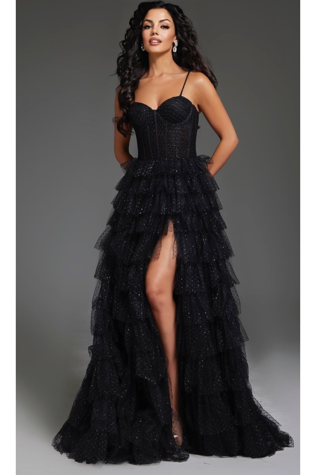 Tiered Ruffle Black Prom Ball Gown: Jovani 38278 - Black / Prom