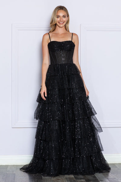 Poly USA 9328 Tiered Sleeveless Corset Sequin Gown