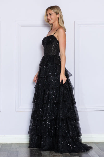 Poly USA 9328 Tiered Sleeveless Corset Sequin Gown