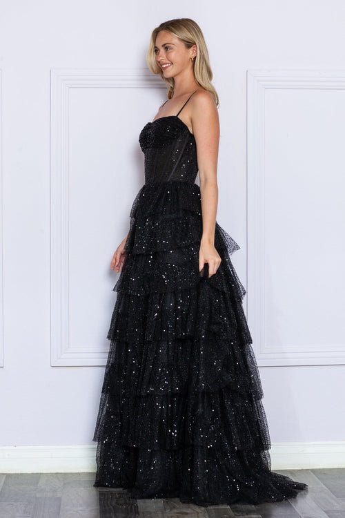 Poly USA 9328 Tiered Sleeveless Corset Sequin Gown