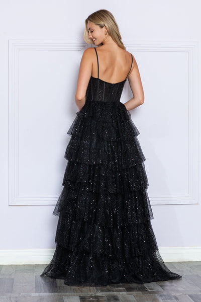 Poly USA 9328 Tiered Sleeveless Corset Sequin Gown