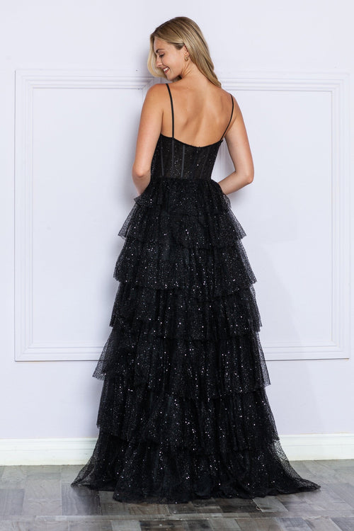 Poly USA 9328 Tiered Sleeveless Corset Sequin Gown