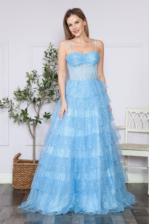Poly USA 9328 Tiered Sleeveless Corset Sequin Gown