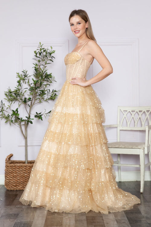 Poly USA 9328 Tiered Sleeveless Corset Sequin Gown