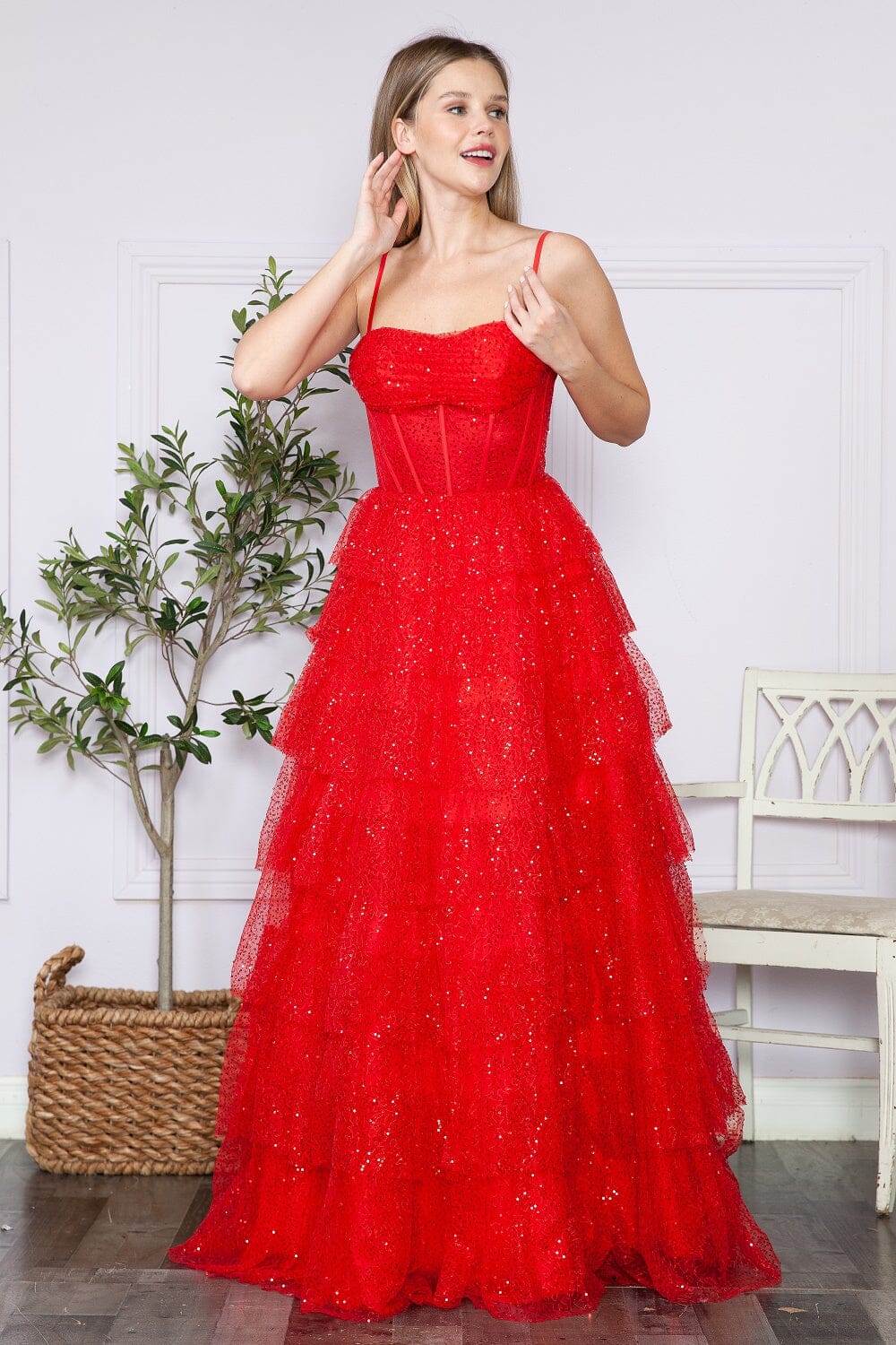 Vestido de lentejuelas con corsé sin mangas y capas de Poly USA 9328