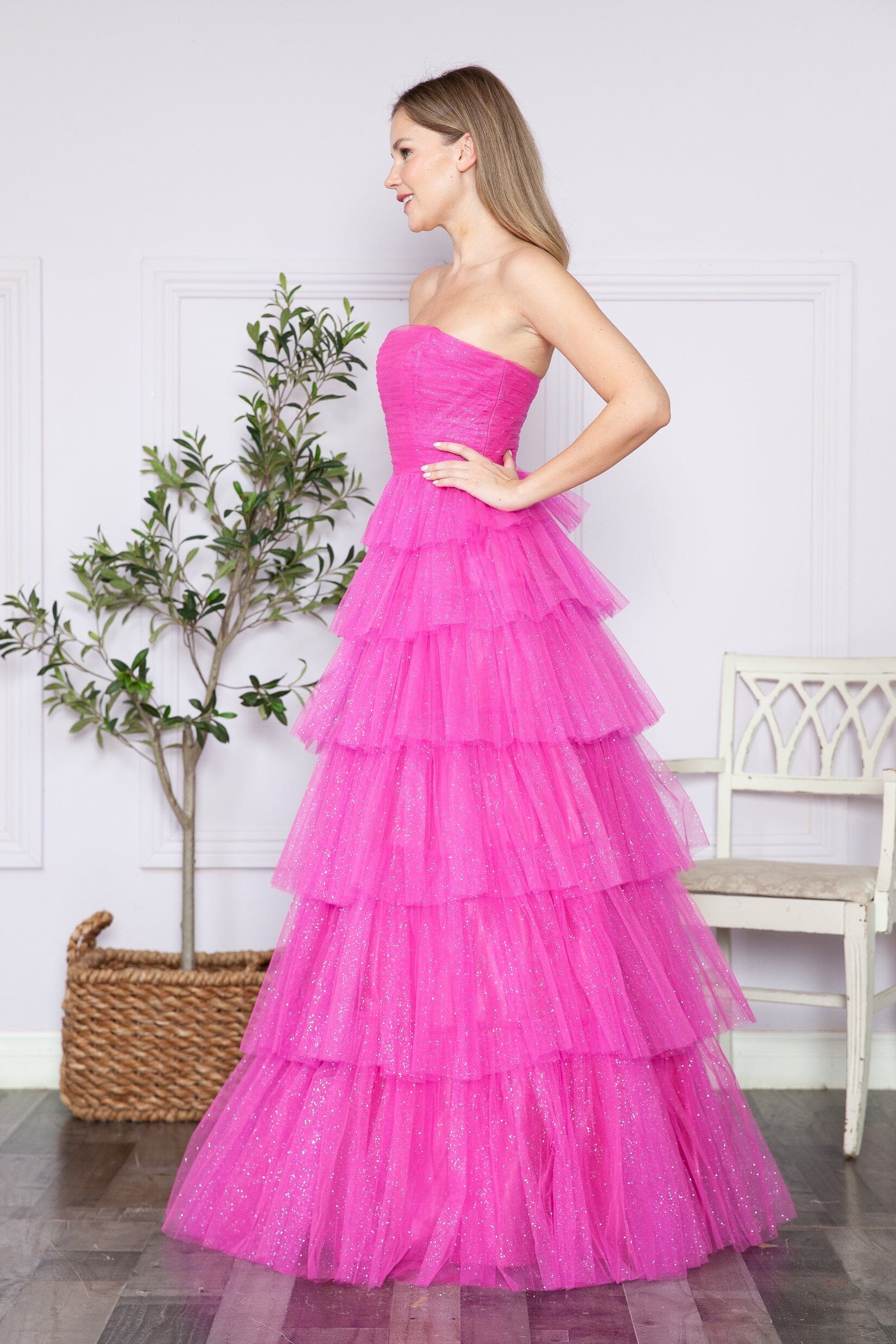 Poly USA 9386 Tiered Strapless Glitter A-line Gown