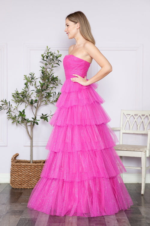 Poly USA 9386 Tiered Strapless Glitter A-line Gown