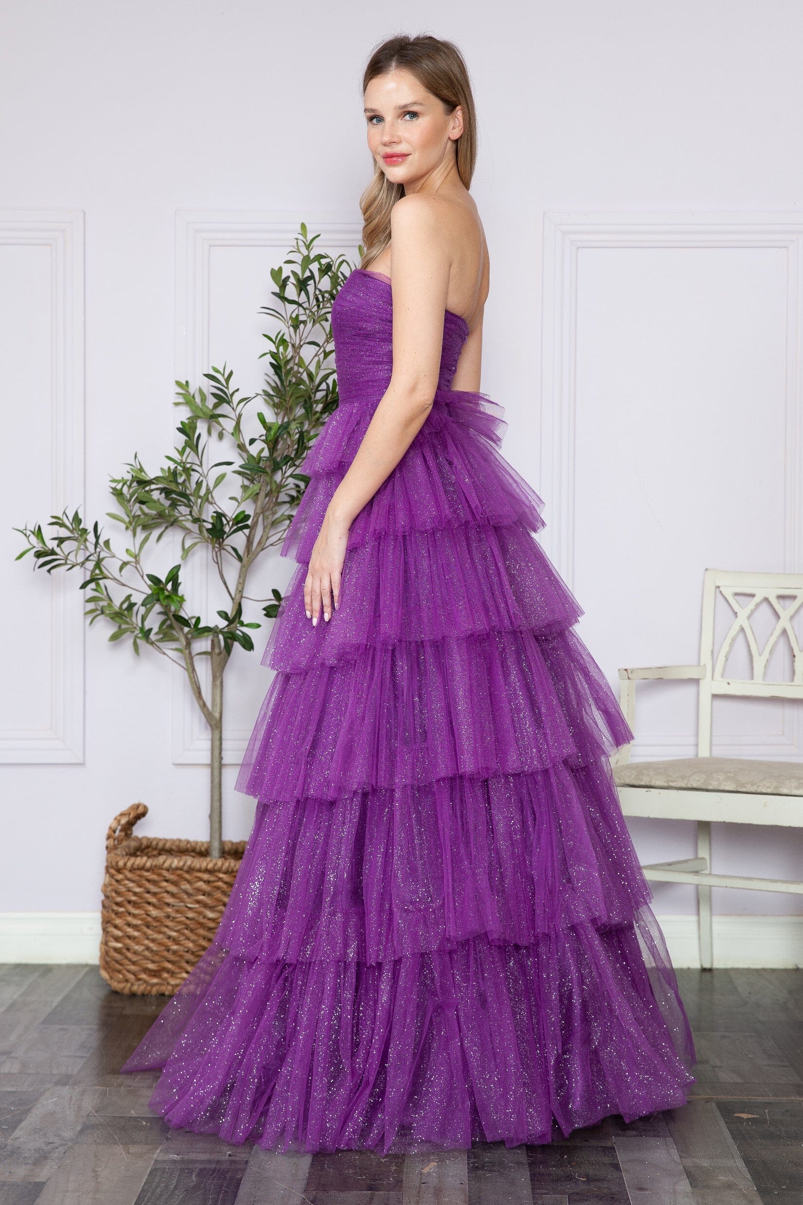 Poly USA 9386 Tiered Strapless Glitter A-line Gown