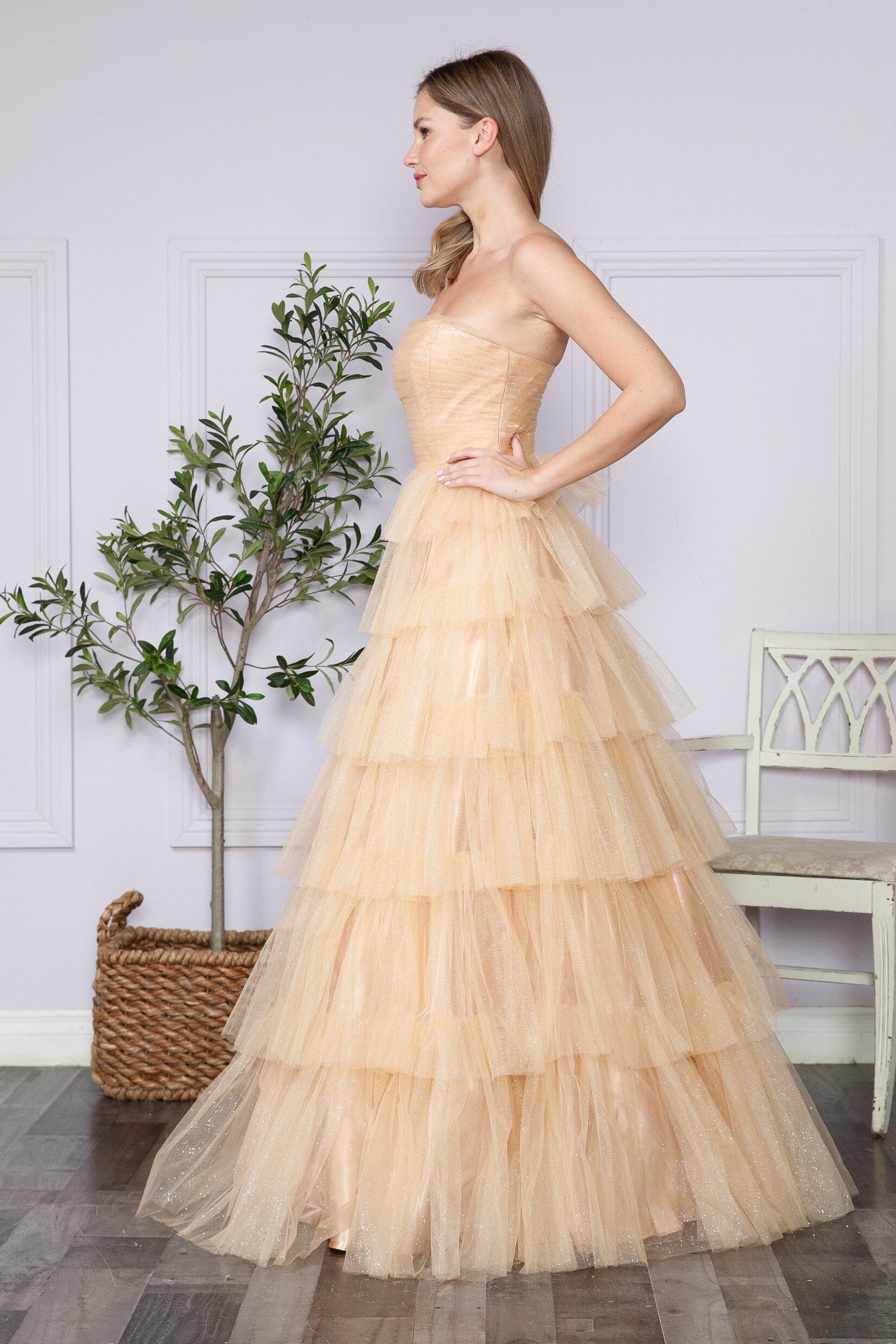 Poly USA 9386 Tiered Strapless Glitter A-line Gown