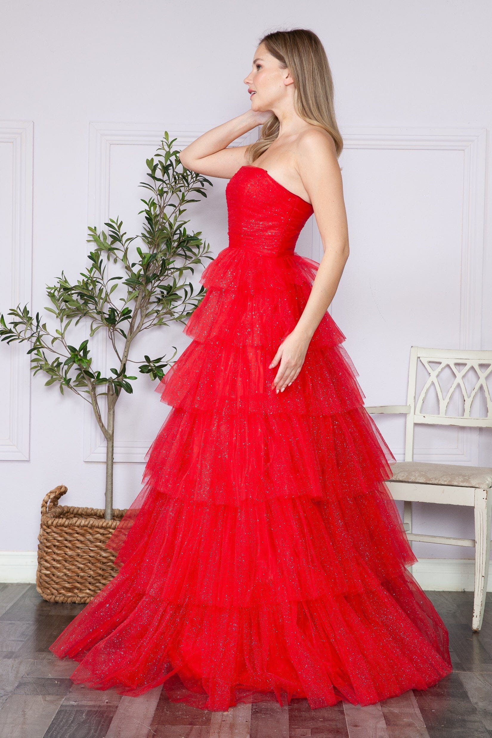 Poly USA 9386 Tiered Strapless Glitter A-line Gown
