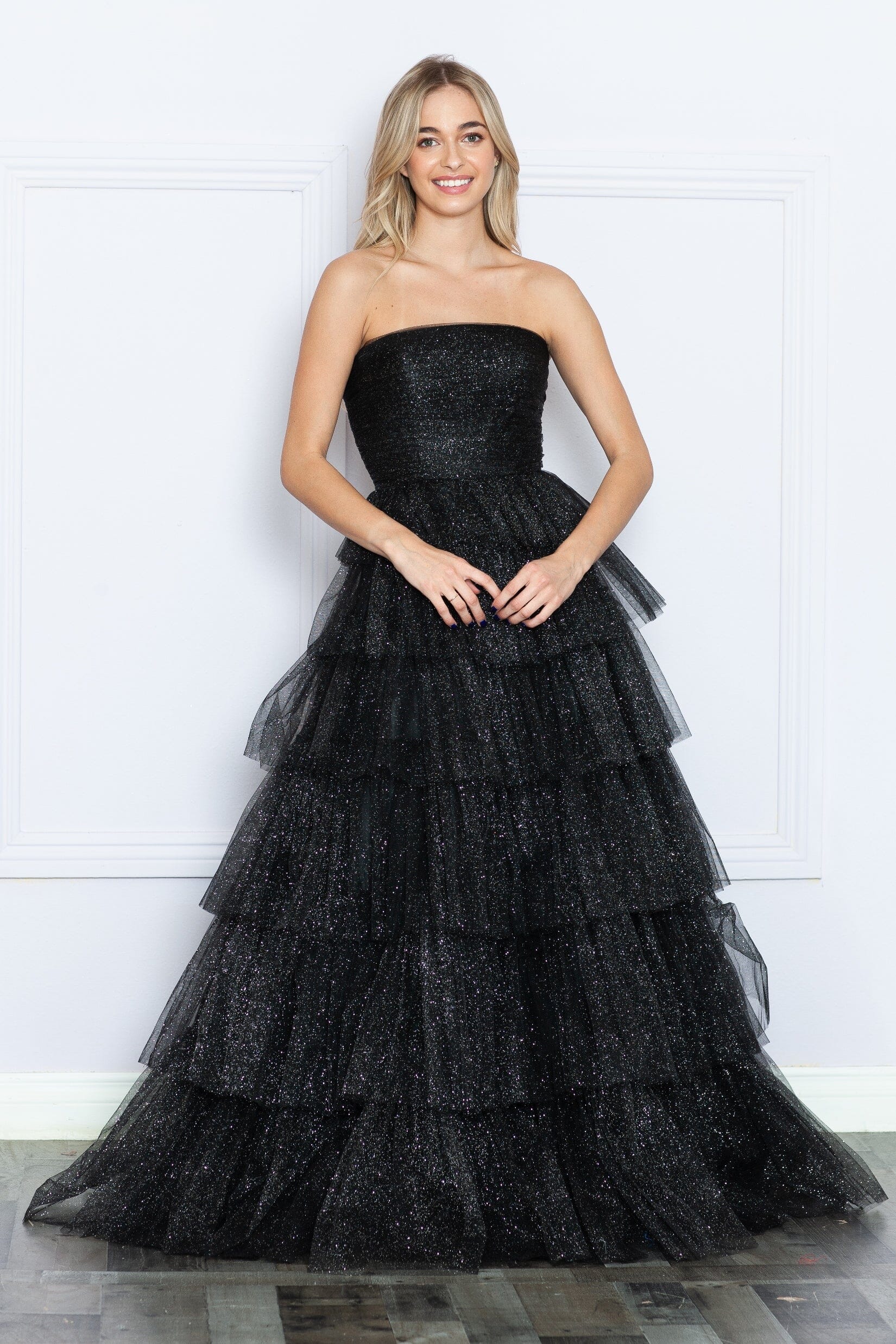 Poly USA 9386 Tiered Strapless Glitter A-line Gown