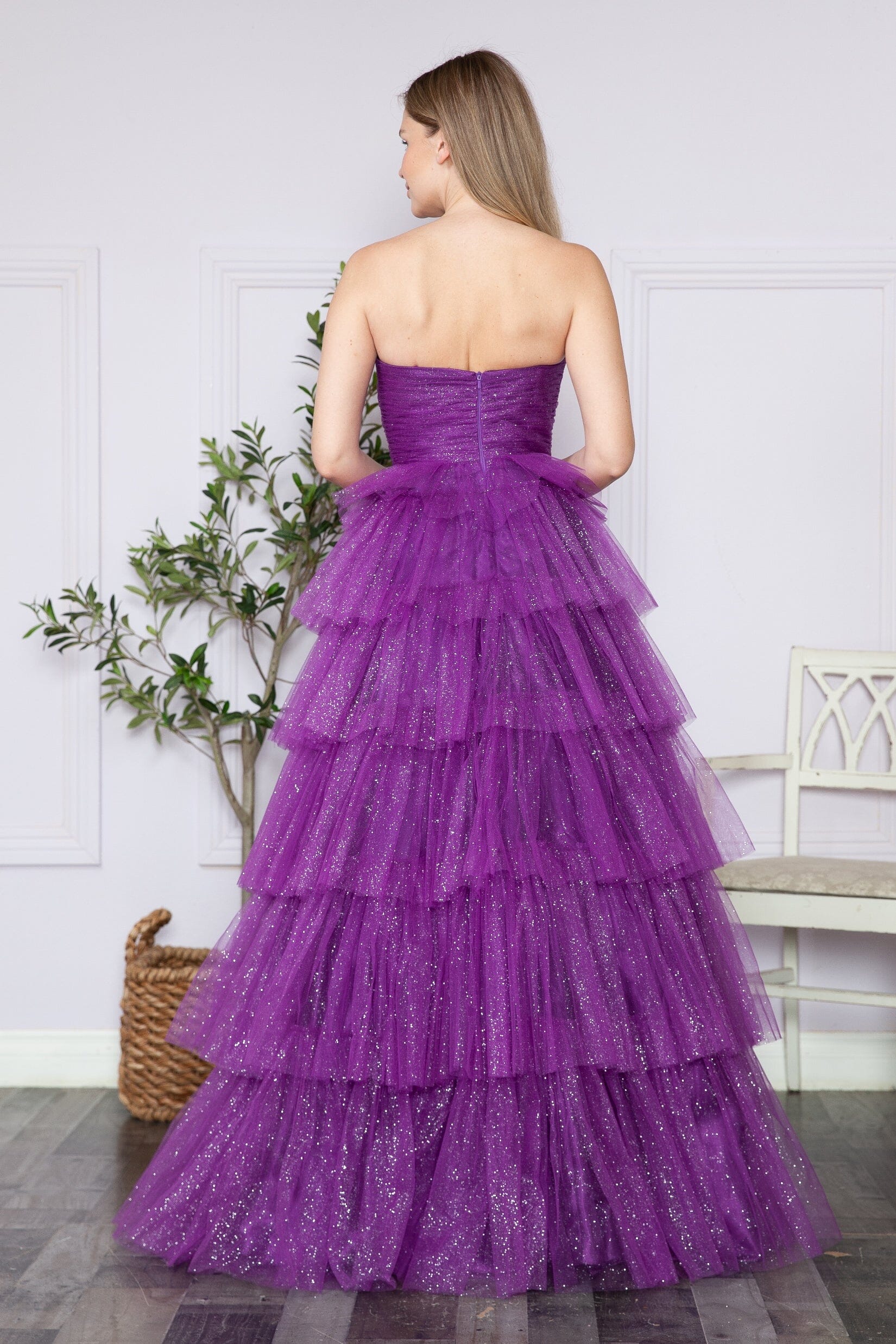Poly USA 9386 Tiered Strapless Glitter A-line Gown