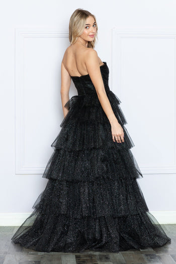 Poly USA 9386 Tiered Strapless Glitter A-line Gown