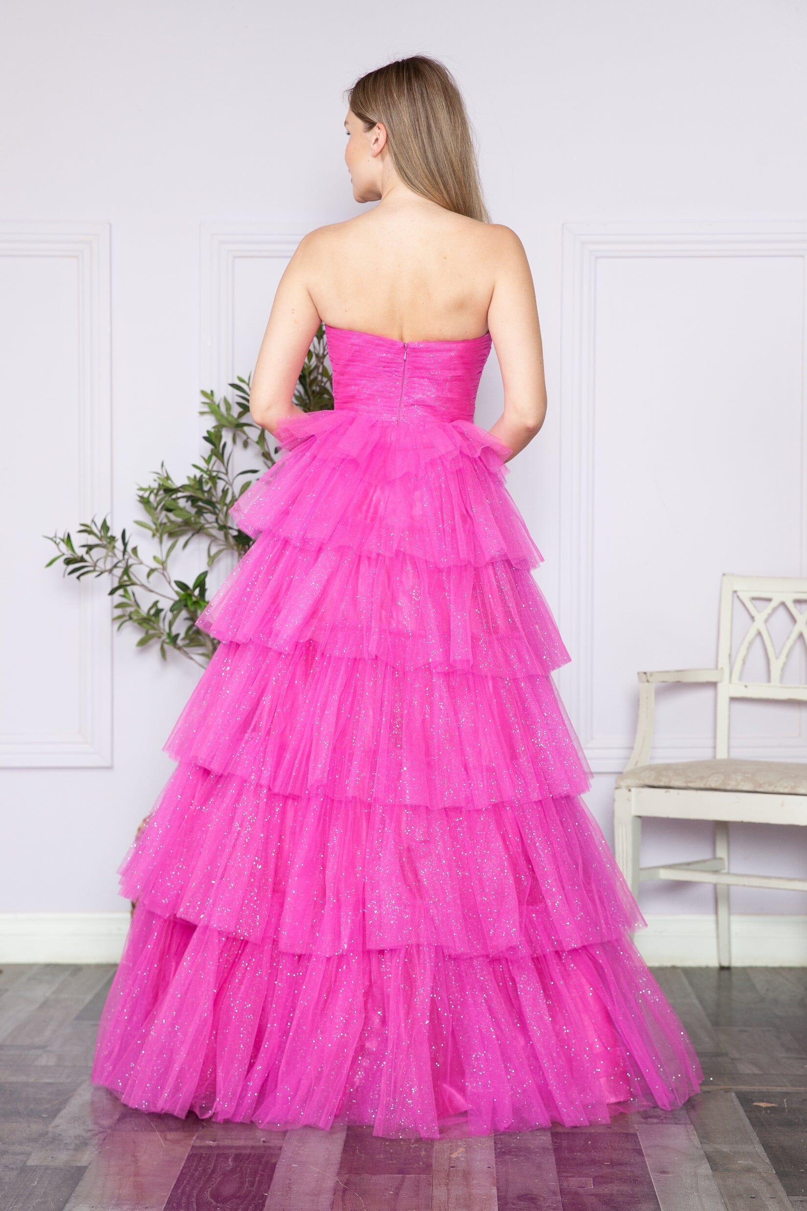 Poly USA 9386 Tiered Strapless Glitter A-line Gown