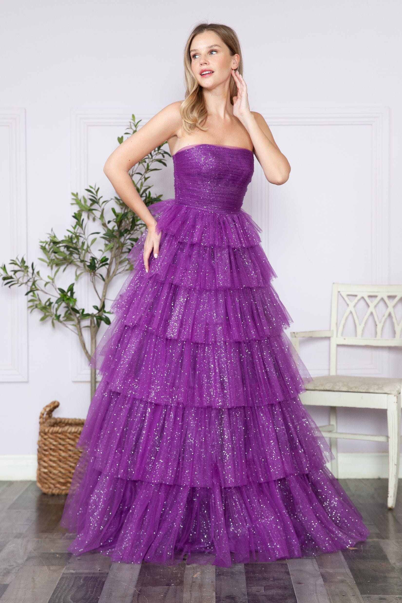 Poly USA 9386 Tiered Strapless Glitter A-line Gown