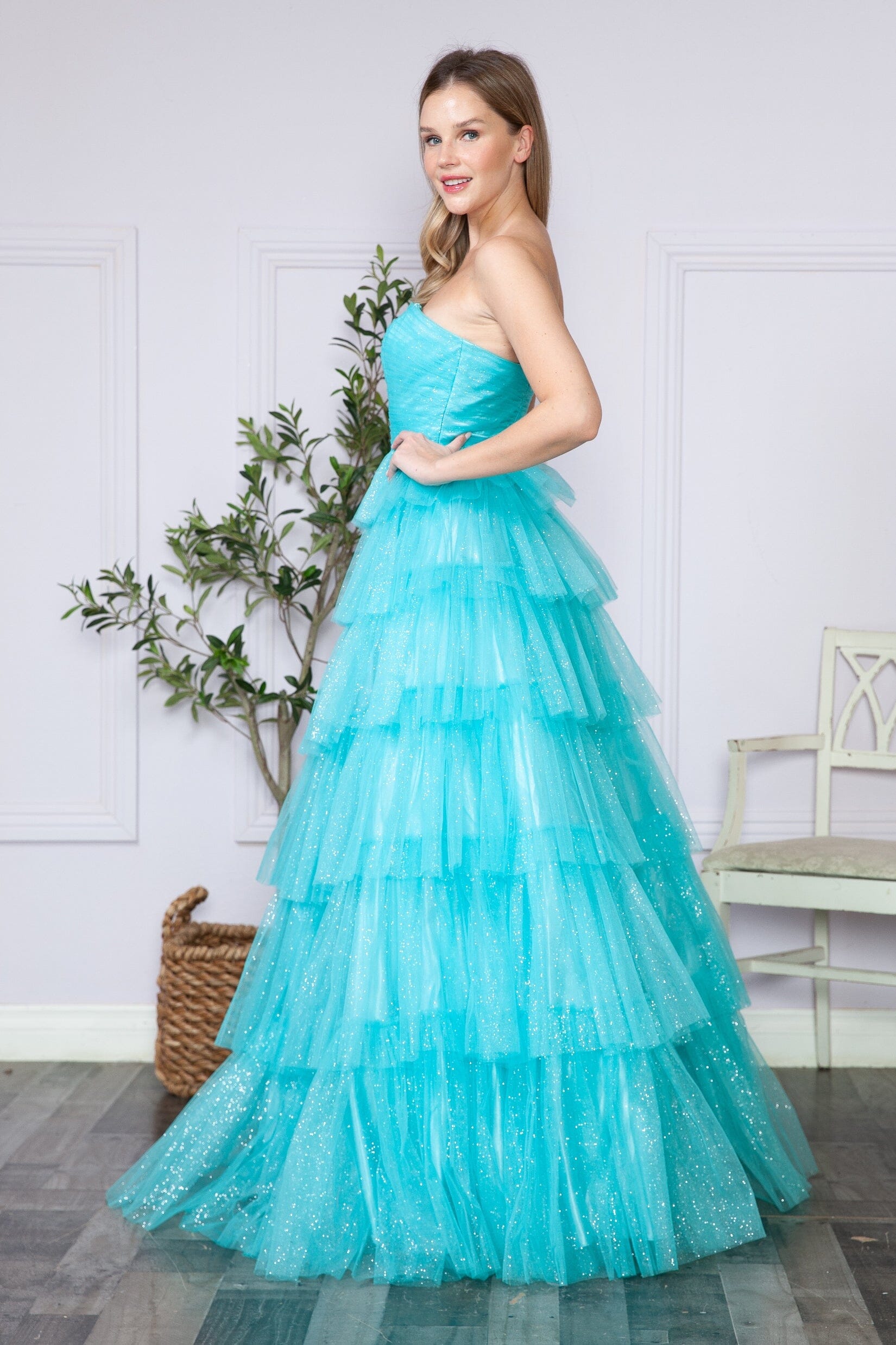Poly USA 9386 Tiered Strapless Glitter A-line Gown