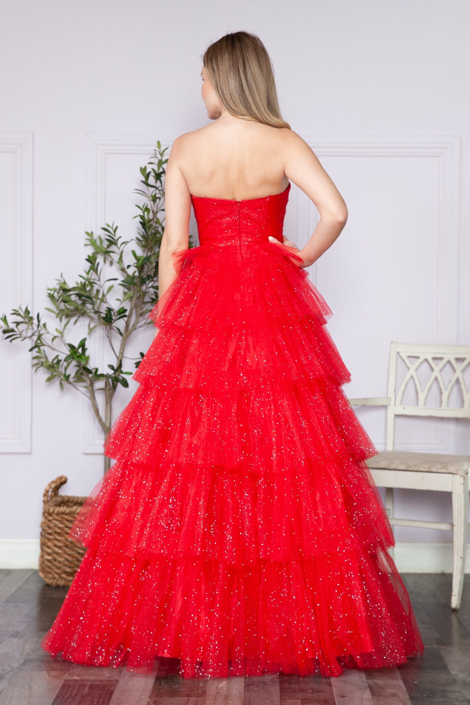 Poly USA 9386 Tiered Strapless Glitter A-line Gown