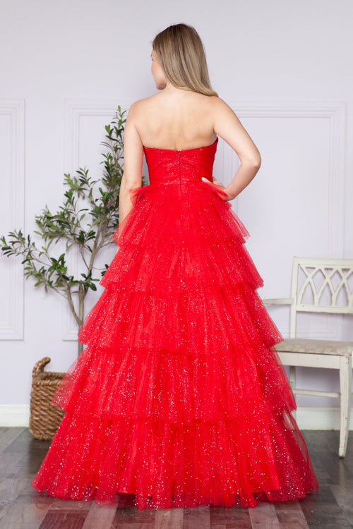 Poly USA 9386 Tiered Strapless Glitter A-line Gown