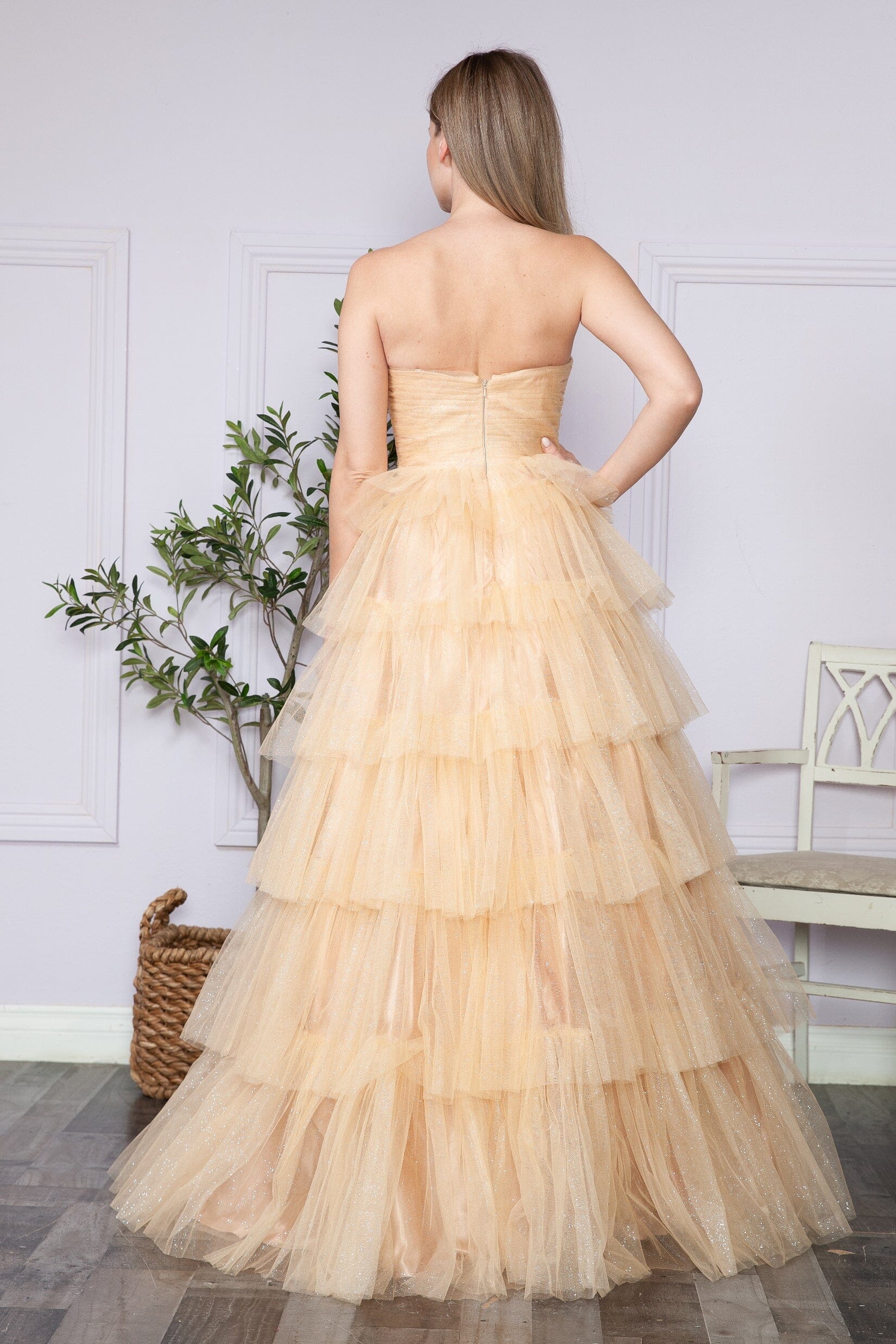 Poly USA 9386 Tiered Strapless Glitter A-line Gown