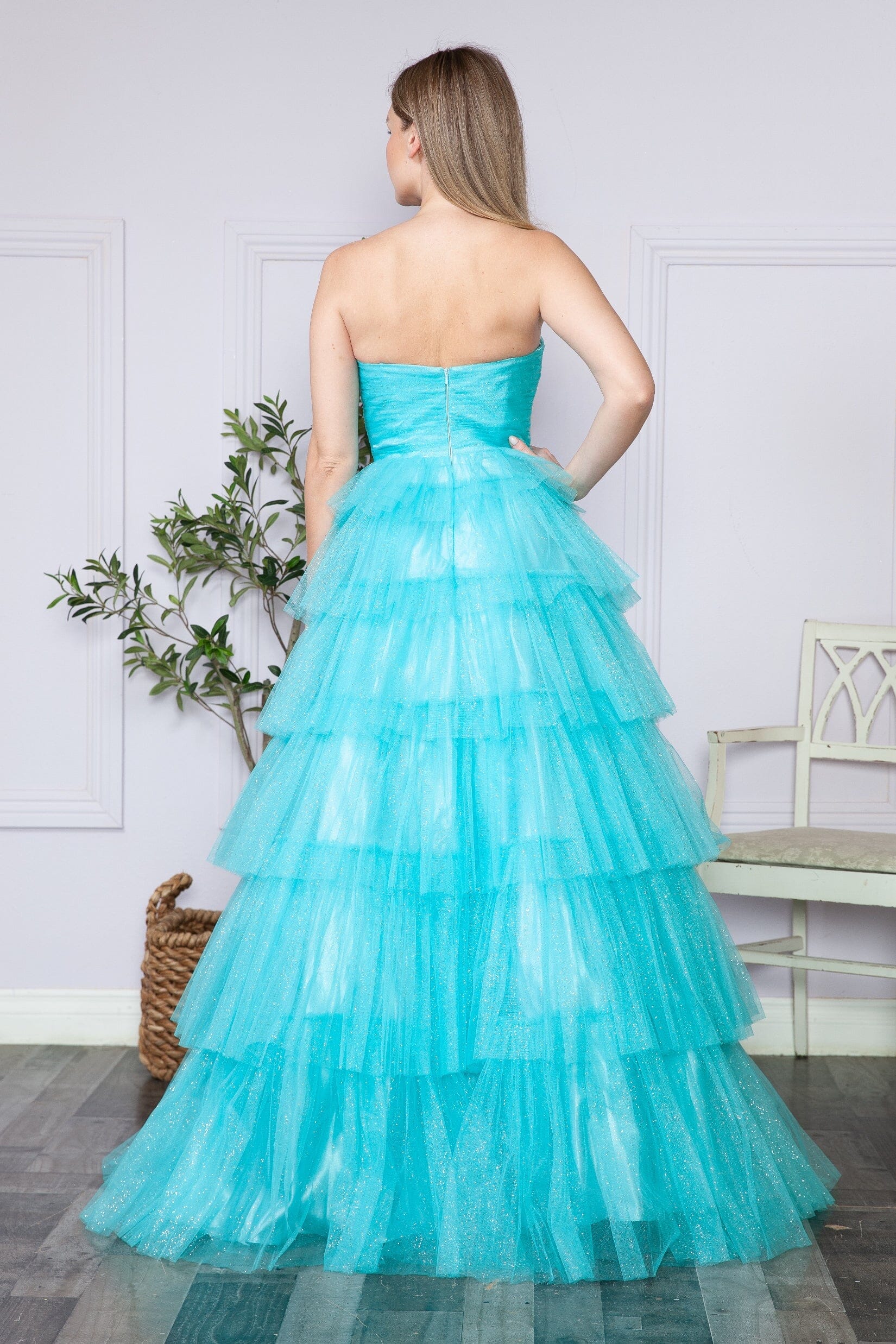 Poly USA 9386 Tiered Strapless Glitter A-line Gown