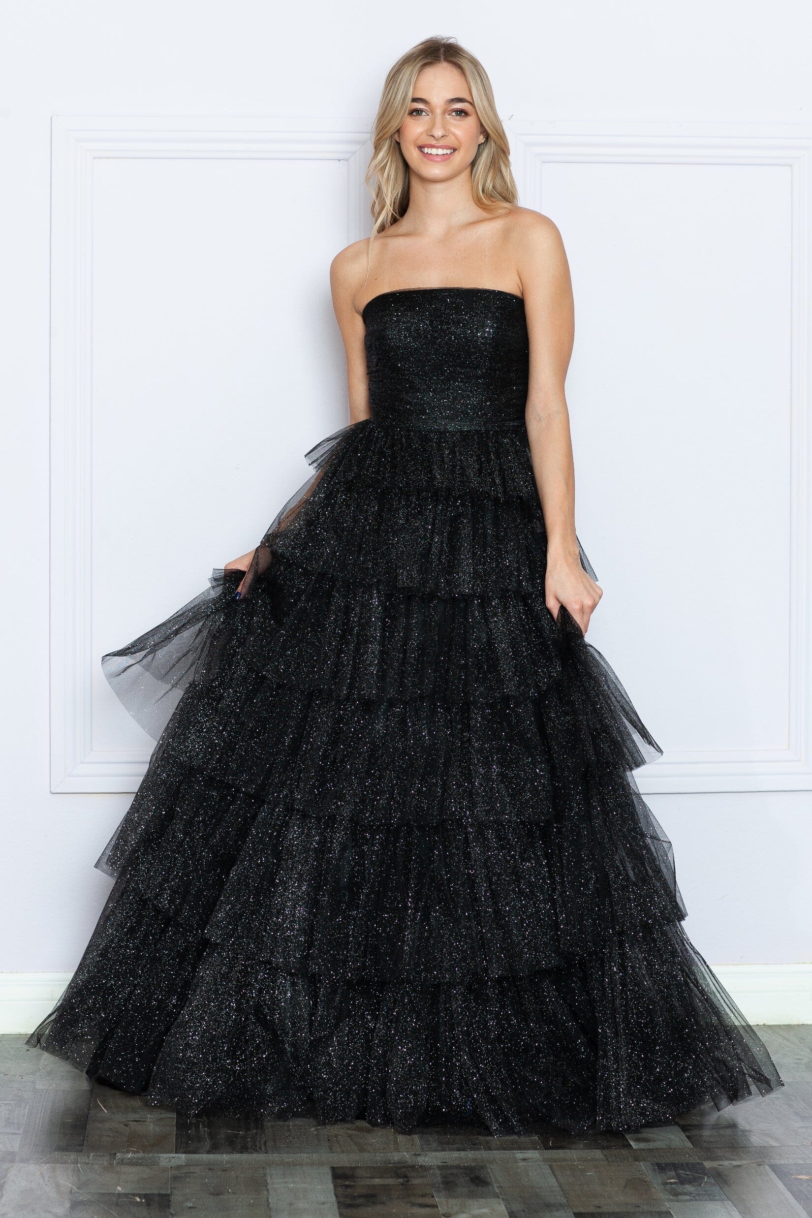 Poly USA 9386 Tiered Strapless Glitter A-line Gown