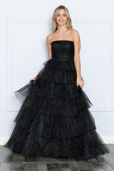 Poly USA 9386 Tiered Strapless Glitter A-line Gown