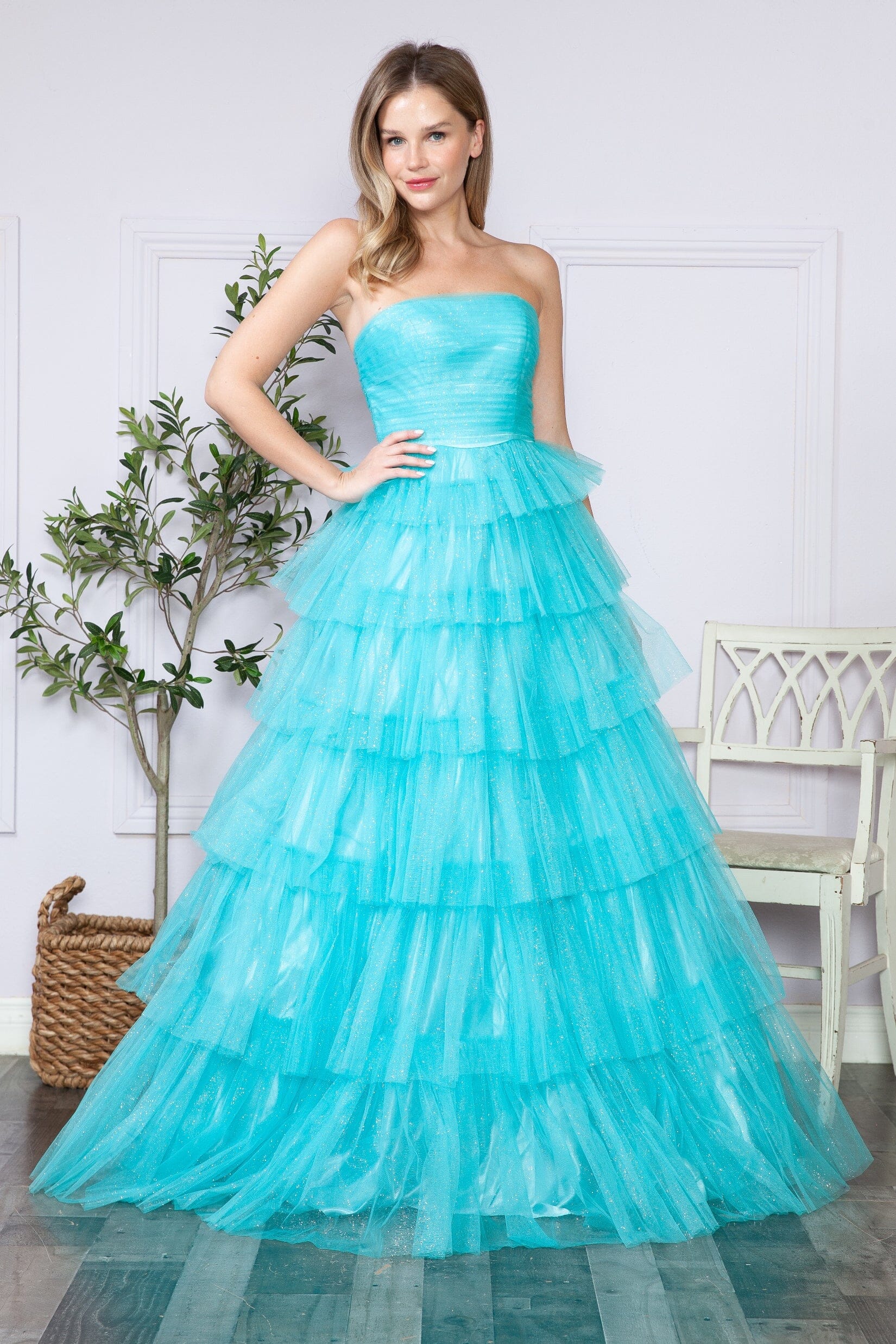 Poly USA 9386 Tiered Strapless Glitter A-line Gown