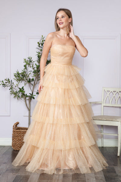 Poly USA 9386 Tiered Strapless Glitter A-line Gown