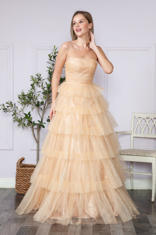 Poly USA 9386 Tiered Strapless Glitter A-line Gown