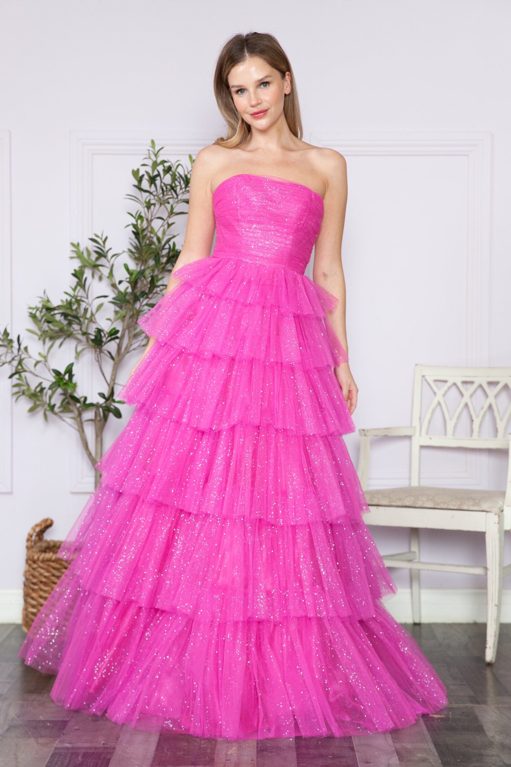 Poly USA 9386 Tiered Strapless Glitter A-line Gown