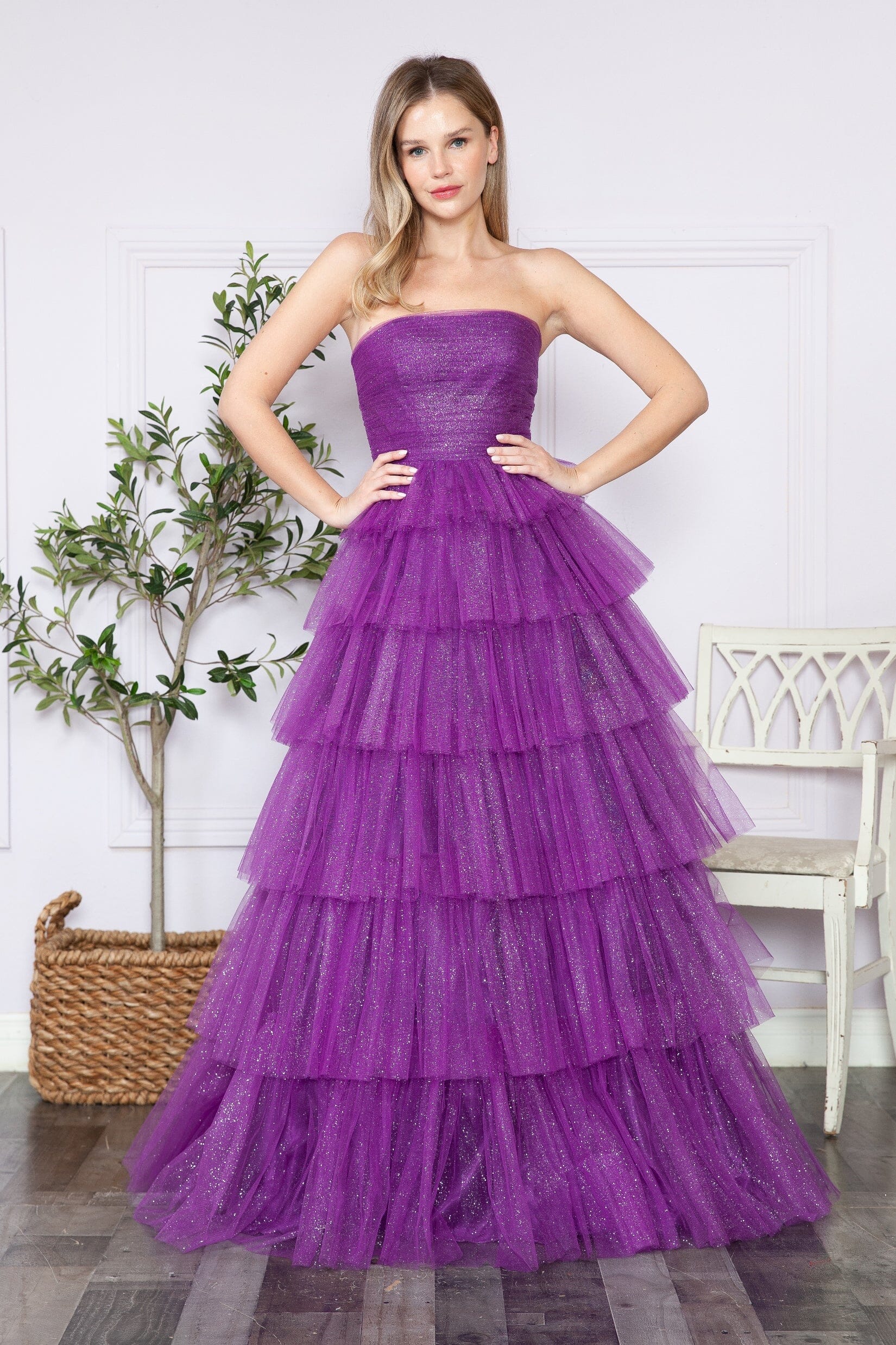 Poly USA 9386 Tiered Strapless Glitter A-line Gown