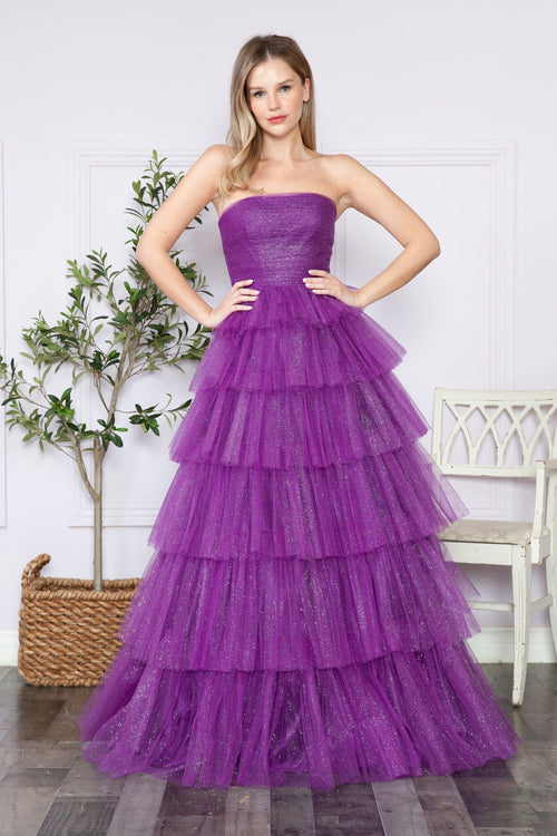 Poly USA 9386 Tiered Strapless Glitter A-line Gown
