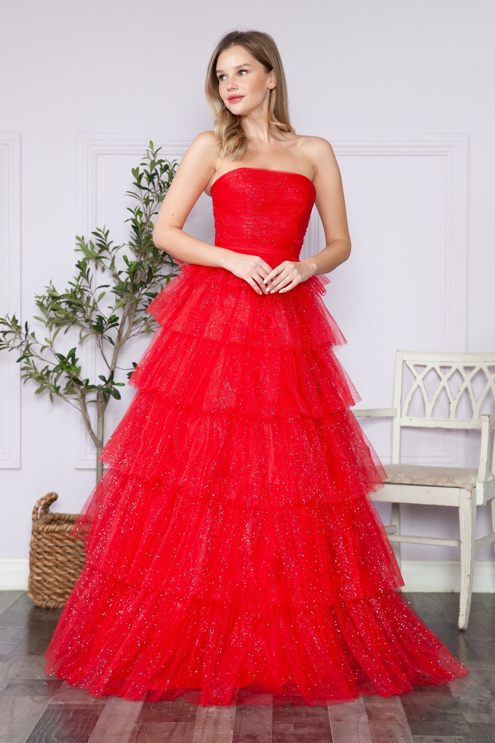 Poly USA 9386 Tiered Strapless Glitter A-line Gown