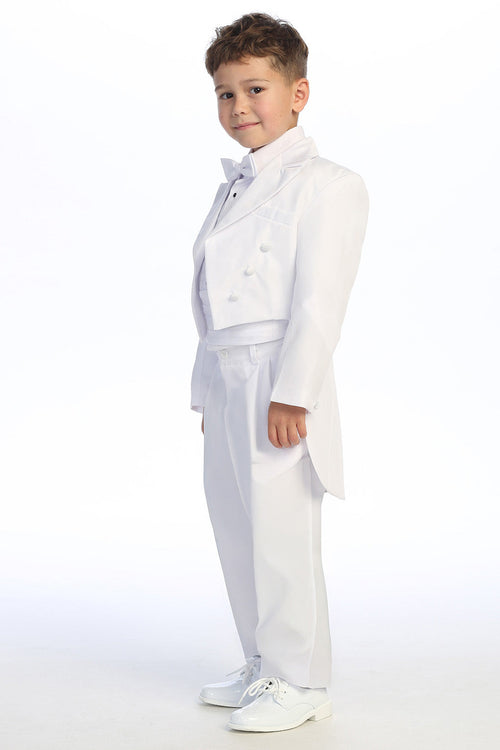 Esmoquin infantil de 5 piezas "Oliver" con solapa de pico y frac blanco