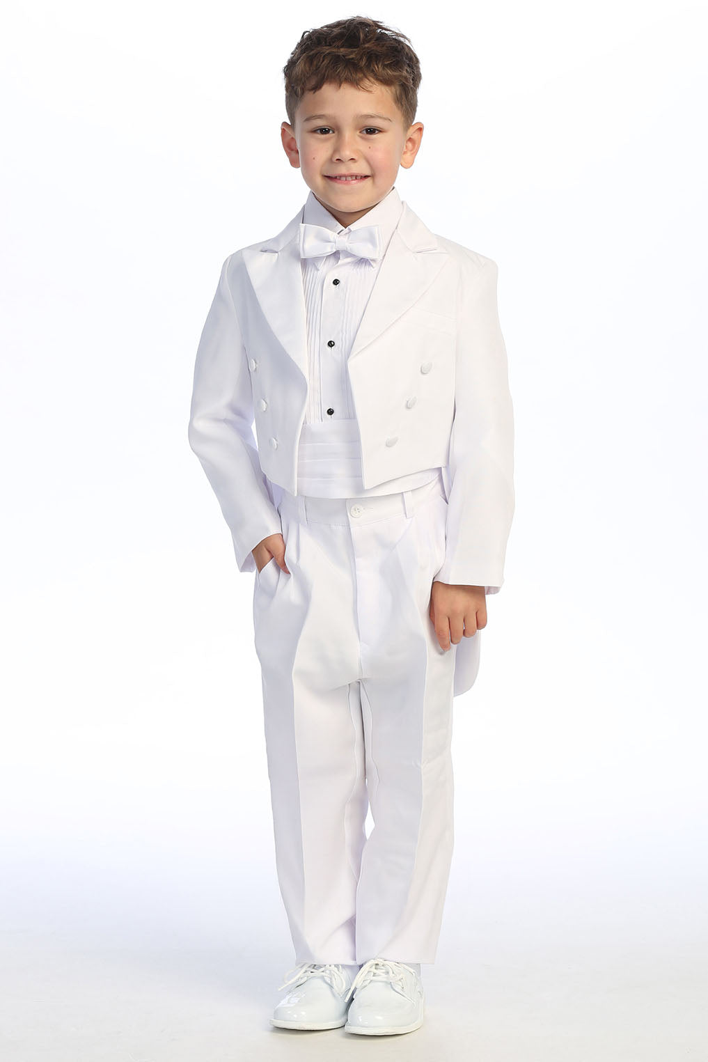 Esmoquin infantil de 5 piezas "Oliver" con solapa de pico y frac blanco