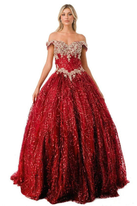 Off-Shoulder Glitter Quinceañera Ball Gown with Lace Appliqué and Lace-Up Corset Back by Trevi L2364